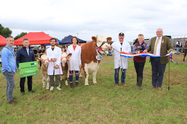 Chairperson Newry, Mourne and Down Council, Councillor Philip Campbell with l-r Chairperson NMDDC, Councillor Philip Campbell, Rodney Brown Head of Agriculture at Danske Bank, Lee Wilson, Lexi Heatrick and Nikkita's 2 calves and the Beef Champion of Newry Show 2025, Nikkita with Alan Wison accepting the Cup from Marcus Murdock Show Cattle Chairman and Judge Gary Hanna. INNR2634