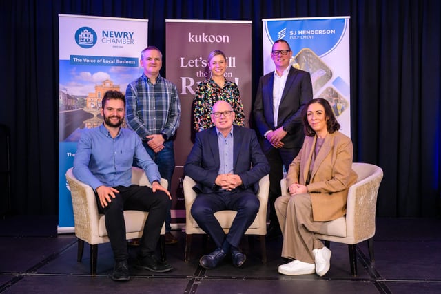 Ciaran Connolly, Founder of ProfileTree, Derek McDonald, Principal Architect for 5G & IoT Solutions at BT, Stephen Henderson, CEO of SJ Henderson Fulfilment and Siobhan Walsh, Commercial Director at Scatter Box, who took part in a panel discussion on what it takes to run a successful eCommerce operation alongside event MC, Deborah Loughran and Chamber CEO, Michael Savage.