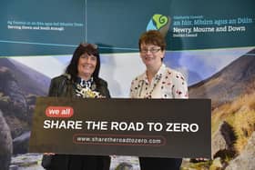 Newry, Mourne and Down District Council Chairperson, Councillor Valerie Harte (left) supports the ‘Share the Road to Zero’ pledge with Julie Thompson, Deputy Secretary in the Department for Infrastructure.