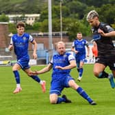 Adam Salley in action against Limavady United today. Pic: Brendan Monaghan via Newry City AFC Facebook.