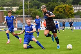 Adam Salley in action against Limavady United today. Pic: Brendan Monaghan via Newry City AFC Facebook.