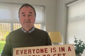 Pat McGinn with the original detox unit sign that would have greeted all residents in Cuan Mhuire 40 years ago.