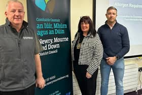Gerard McMonagle Superbites Crossmaglen, Patrick McEneaney KIS Pizza and Coffee Bar Crossmaglen is pictured with Newry, Mourne and Down District Council Chairperson, Councillor Valerie Harte at one of the series of Allergen Awareness seminars for catering businesses in the district.