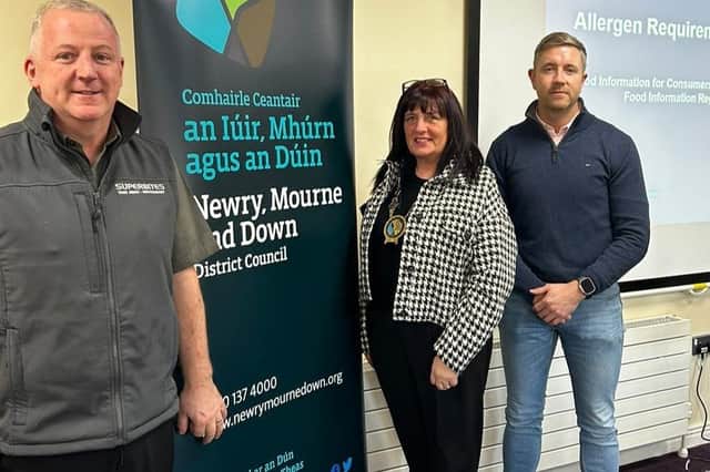 Gerard McMonagle Superbites Crossmaglen, Patrick McEneaney KIS Pizza and Coffee Bar Crossmaglen is pictured with Newry, Mourne and Down District Council Chairperson, Councillor Valerie Harte at one of the series of Allergen Awareness seminars for catering businesses in the district.