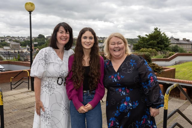 Head of Sixth Form Mrs Sinead McLaughlin and Year Head Mrs Catherine Rohrs are pictured with Meabh McPolin who achieved 4 A*/A grades at A Level. INNR3302