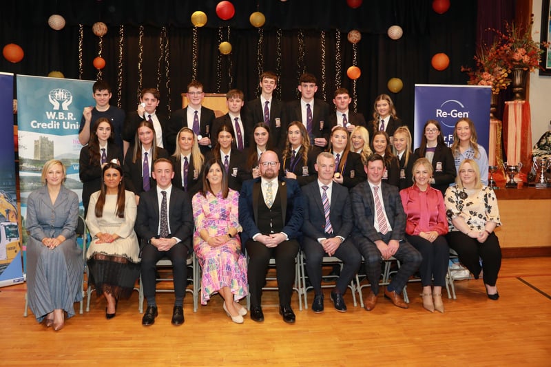 St. Mark's Senior Prize Giving and students who gained Excellence Awards in their subjects pictured with front row l-r Catherine Collins WBR Credit Union President, Rachael Collins Year Head, Conor Rodgers Vice Principal, Shauna Quinn Vice Principal, Guest Speaker Eugene Rooney, Principal Aidan McGivern, Eamon McPolin Senior Leader, Ciara James Re-Gen Waste, Martina McGeough WBR Assistant Manager. INNR4824:.