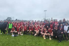 Down hurlers celebrate winning the Allianz League Division 2 final with a victory over Kildare in the final in Inniskeen.
