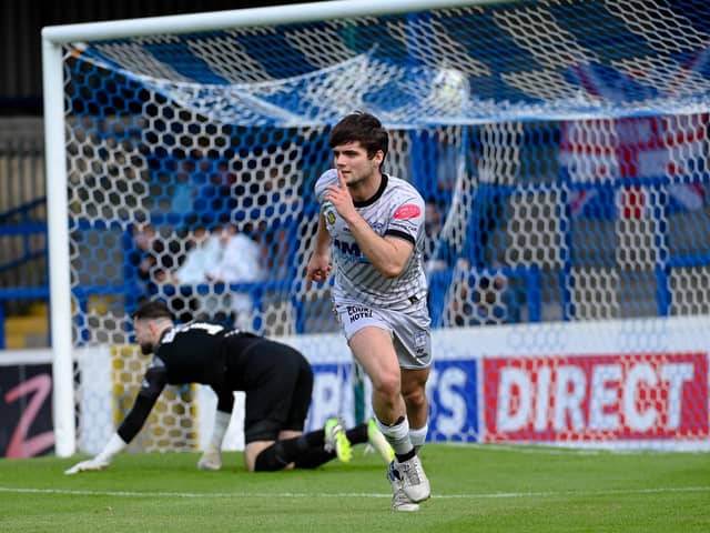 Lorcan Forde celebrates his opening goal against Glenavon in their August 2023 meeting at Mourneview Park.