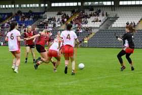 Down's Eimear Fitzpatrick fires home a goal against Tyrone during their All-Ireland Semi-final meeting in 2024. Pic: Brendan Monaghan
