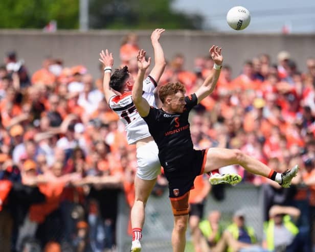 Midfield action from today's game between Louth and Armagh in the All-Ireland SFC. Pic: Brendan Monaghan