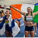 9 March 2025; Kate O'Connor of Ireland celebrates after winning bronze in the women's pentathlon during day four of the European Athletics Indoor Championships 2025 at the Omnisport Apeldoorn in Apeldoorn, Netherlands. Photo by Sam Barnes/Sportsfile