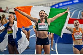 9 March 2025; Kate O'Connor of Ireland celebrates after winning bronze in the women's pentathlon during day four of the European Athletics Indoor Championships 2025 at the Omnisport Apeldoorn in Apeldoorn, Netherlands. Photo by Sam Barnes/Sportsfile