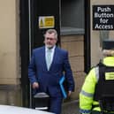 Former DUP leader Sir Jeffrey Donaldson leaving Newry Magistrates' Court, after a preliminary enquiry in July, where he is charged with several historical sexual offences. Photo: Niall Carson/PA Wire