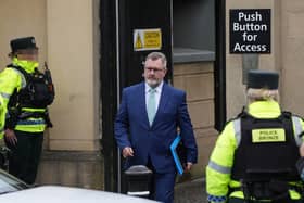 Former DUP leader Sir Jeffrey Donaldson leaving Newry Magistrates' Court, after a preliminary enquiry in July, where he is charged with several historical sexual offences. Photo: Niall Carson/PA Wire