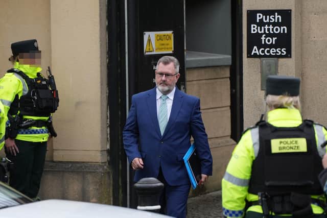 Former DUP leader Sir Jeffrey Donaldson leaving Newry Magistrates' Court, after a preliminary enquiry in July, where he is charged with several historical sexual offences. Photo: Niall Carson/PA Wire