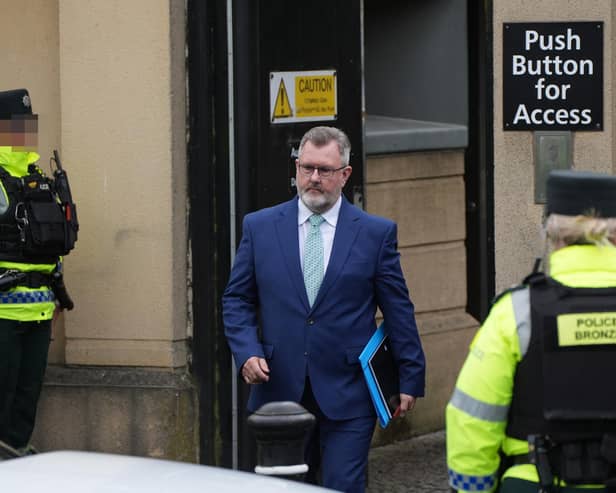 Former DUP leader Sir Jeffrey Donaldson leaving Newry Magistrates' Court, after a preliminary enquiry in July, where he is charged with several historical sexual offences. Photo: Niall Carson/PA Wire
