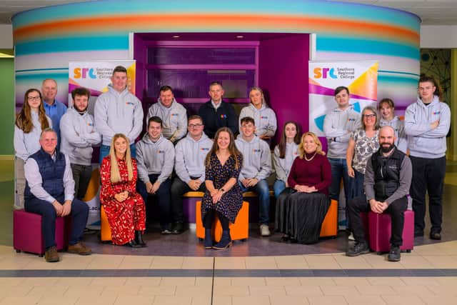 Students representing Northern Ireland at this year’s WorldSkills UK finals alongside SRC staff and employer representatives from Norbrook Laboratories, Collins Aerospace, Almac Group and Regen Robotics. Pictured (L-R): Back row: Annabelle Hughes, Lindsay Bronte (SRC Organisation Development Manager), Carter McKnight, Jason McVerry, Sean Treanor, Sean MacDiarmada (SRC lecturer), Clara Rose Cooney, Caolan McCartan, Deirdre Murray (SRC lecturer), Ruth Douglas, Ethan Parke. Front row: Ronnie Gailey (Norbrook Laboratories), Claire McPhillips (Collins Aerospace), Neil King, Ross Graham, Helen Goodrich (Almac Group), John Doherty, Eve Hillen, Anna Martin (SRC lecturer), Shane Sloan (Regen Robotics). Not pictured: Ben Robertson, Jonathan Gough, Patrick Sheerin, Phelim McArdle