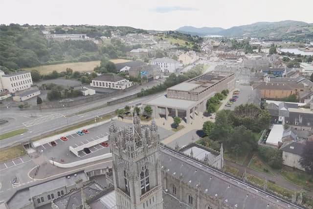 An image of Newry Cathedral and an artist's impression of the new NMDDC Civic Hub. (Image from NMDDC website)