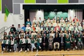 GCSE Class of 2024 pictured with Mrs Millar- Principal, Stephen Sheridan – Guest Speaker, Miceal Moley – Chair of the Board of Governor, Vice Principals Mr Murray and Mrs Carleton.