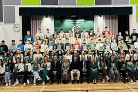 GCSE Class of 2024 pictured with Mrs Millar- Principal, Stephen Sheridan – Guest Speaker, Miceal Moley – Chair of the Board of Governor, Vice Principals Mr Murray and Mrs Carleton.