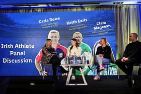 Discussion in Croke Park with l-r:  host Maria Crowe, Ciara Mageean, Carla Rowe and Keith Earls.
