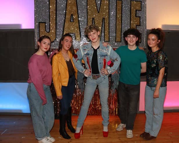 Pritti, Ray, Jamie, Dee and Margaret on stage in Bosco Drama's production of 'Everyone's talking about Jamie' held in the Abbey Assembly Hall due to Town Hall being closed after flooding. INNR4738