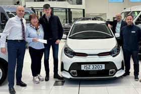 Gary Connolly, Shelbourne Motors Kia Sales Manager; Maragaret Murphy, James Rowland, winner; Peter Murray, Buttercrane Shopping Centre Manager; James McCaffrey, SAH Fundraising Officer,  and Michael McCarten, Shelbourne Motors General Manager