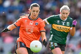Niamh Henderson found the net as Armagh defeated Kildare in Silverbridge today. Pic: Sportsfile