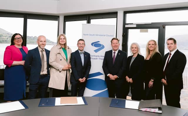 Pictured at the NSMC meeting at Loughs Agency’s Carlingford Office are (L-R): Hilary Reilly, Southern Joint Secretary, NSMC; JP O’Doherty, Joint Interim Designated Officer, Loughs Agency; Aisling Reilly, Junior Minister, NI Executive; Andrew Muir MLA, Minister for Agriculture, Environment and Rural Affairs; Darragh O'Brien TD, Minister for Climate, Energy and the Environment; Pam Cameron, Junior Minister, NI Executive; Heather Higgins, Board Chairperson, Loughs Agency; Richard Hill, Northern Ireland Joint Secretary, NSMC.