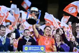 Clodagh McCambridge lifts the LIDL LGFA National Football League Division 1 title at Croke Park last April.