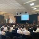 Pictured at the PCSP Road Safety event which was organised in collaboration with the Northern Ireland Fire and Rescue Service (NIFRS) are pupils from the Sacred Heart Grammar School and The Abbey CBS Grammar School. Held on Wednesday, 9 April, over 250 students attended the ‘Your Choice’ presentation, a hard-hitting educational talk that focused on the dangers of distractions while driving, driving under the influence, and the use of mobile phones behind the wheel.