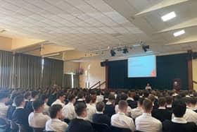 Pictured at the PCSP Road Safety event which was organised in collaboration with the Northern Ireland Fire and Rescue Service (NIFRS) are pupils from the Sacred Heart Grammar School and The Abbey CBS Grammar School. Held on Wednesday, 9 April, over 250 students attended the ‘Your Choice’ presentation, a hard-hitting educational talk that focused on the dangers of distractions while driving, driving under the influence, and the use of mobile phones behind the wheel.