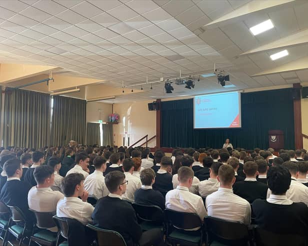 Pictured at the PCSP Road Safety event which was organised in collaboration with the Northern Ireland Fire and Rescue Service (NIFRS) are pupils from the Sacred Heart Grammar School and The Abbey CBS Grammar School. Held on Wednesday, 9 April, over 250 students attended the ‘Your Choice’ presentation, a hard-hitting educational talk that focused on the dangers of distractions while driving, driving under the influence, and the use of mobile phones behind the wheel.