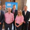 Seamus McCann, Head of Emergency Response and James Kelly, Head of Operations DfI Rivers, Eamonn Connolly, Newry BID Manager, Peter Murray, Chair of Newry BID, Jonathan McKee, Director Rivers Development, Selena Fairburn, Business Owner, Newry and Gary Quinn, Director Rivers Operations. (Photo credit: Lianne McCooey)
