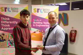 Cathal Meehan who took 3rd place in the Plumbing Pipework SRC SkillBuild competition.  Cathal is pictured alongside Curriculum Area Manager Gareth Mone.
