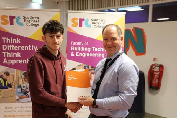 Cathal Meehan who took 3rd place in the Plumbing Pipework SRC SkillBuild competition.  Cathal is pictured alongside Curriculum Area Manager Gareth Mone.
