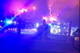 The scene overnight as the blaze took hold at industrial premises on the Cloghanramer Road. (Pic: Tiddly Town)