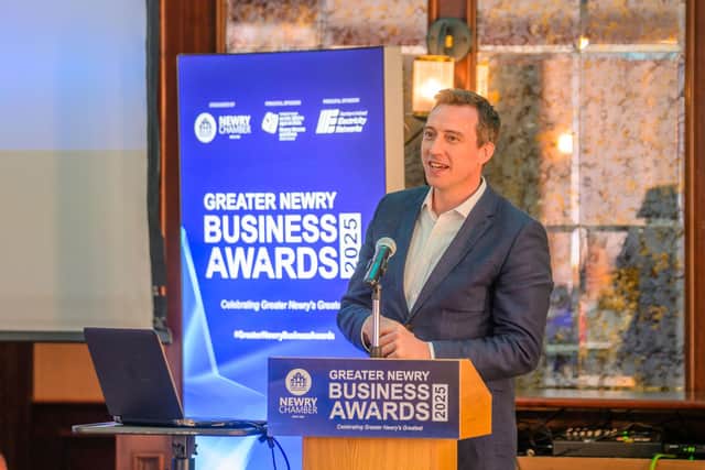 Peter McClenaghan, Head of Communications & Engagement at the Greater Newry Business Awards Principal Sponsor, NIE Networks speaking at the official launch in the Canal Court Hotel, Newry.