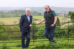 Former Ulster and Ireland rugby star and Co. Armagh arable farmer Simon Best is teaming up with the British Heart Foundation NI at the Balmoral Show to encourage his fellow farmers to be aware of their heart health. Pictured with Simon at his farm in Poyntzpass, Newry is Fearghal McKinney, head of BHF NI.