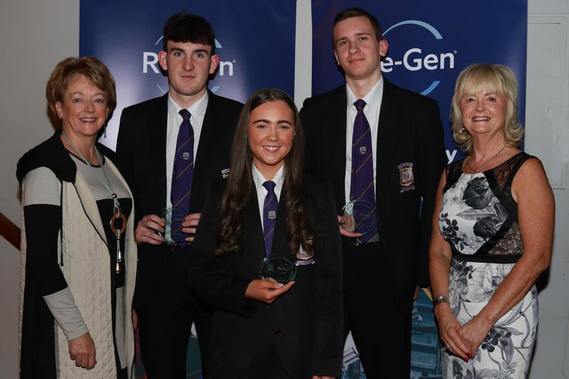 Spirit of St. Mark's Award winners Luke Quinn, Caoimhe Cowan and Tadas Dobrovolskis were presented with their awards by Eithne Lennon past Vice Principal and Una McNulty past Principal. INNR4821:.