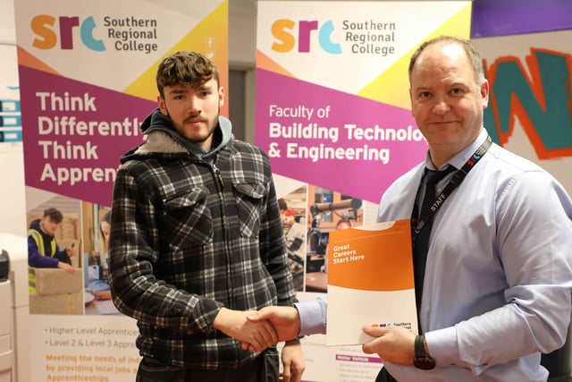 Aidan Rock who took 3rd place in the Brickwork SRC SkillBuild competition.  Aidan is pictured alongside Curriculum Area Manager Gareth Mone.