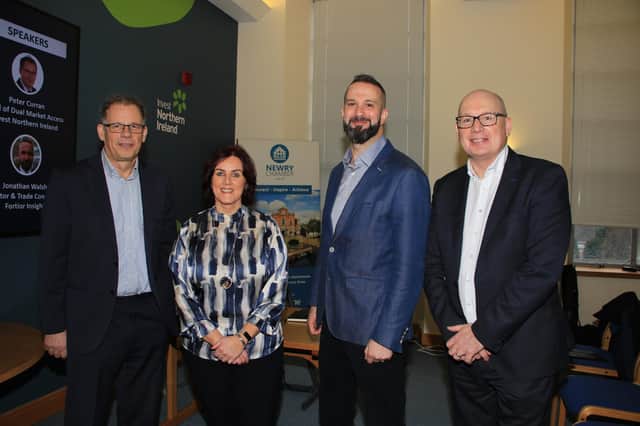 (L-R) Peter Curran, Head of Dual Market Access at Invest NI, Edwina Flynn, Newry Chamber President, Jonathan Walsh, Director of Fortior Insight and Michael Savage, CEO of Newry Chamber.