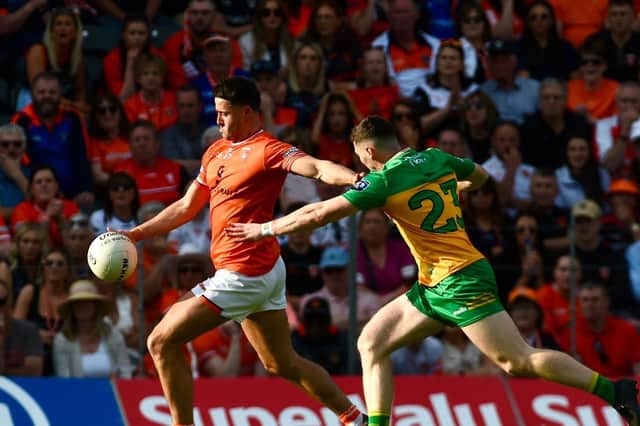 Stefan Campbell takes a shot towards the posts during the Ulster Final against Donegal. Pics: John Merry