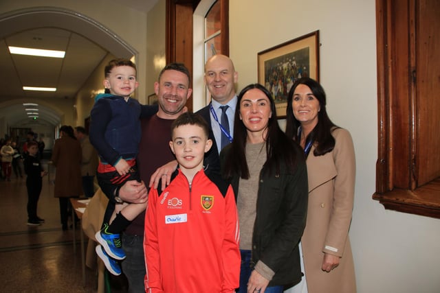 Vice Principals Kevin Franklin and Helen Doherty welcome the Grant Family to St. Colman's College Open Day. INNR0552