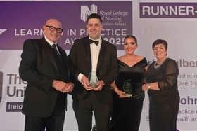 Pictured (L-R) are: John D’Arcy, Open University, John McAteer and Carly Culbert, runners-up in the Learning in Practice Award and Rita Devlin, Executive Director, RCN Northern Ireland.