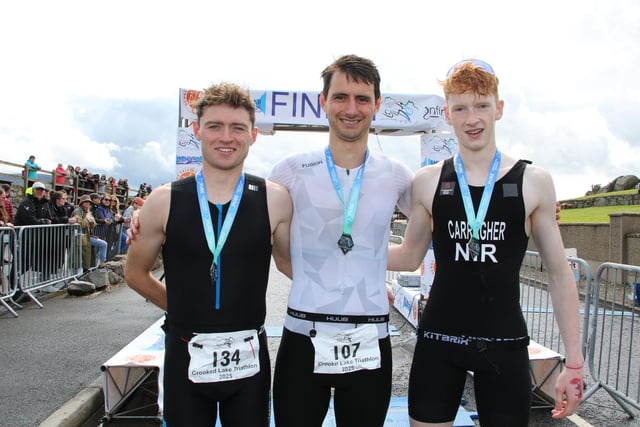 First three men home l-r 2nd Sean McGinley, Winner Matthew Kinkaid, 3rd Sean Carragher.