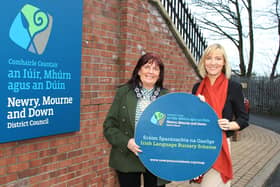 Newry, Mourne and Down District Council Chairperson, Councillor Valerie Harte and Irish Language Unit Manager, Louise Smith launch Call 1 of the Council’s Irish Language Bursary Scheme 2024-2025.