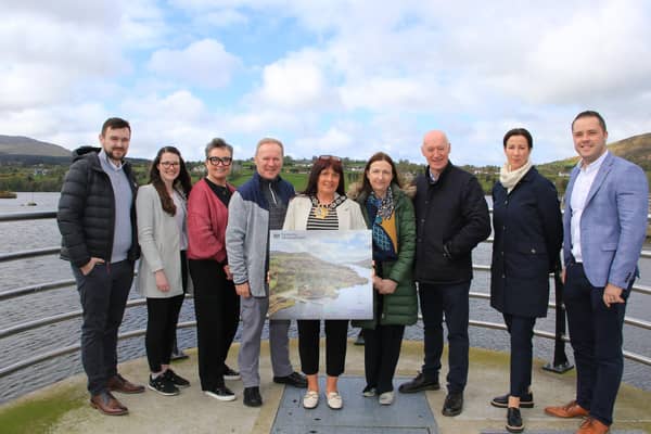 Left to right: Jordan McCully, TB&A; Rachel Aitcheson, Todd Architects; Catherine Murphy, Camlough Lake User Group; Des Murphy, Camlough Lake User Group; Valarie Harte, Chairperson NMDDC; Michelle Boyle, NMDDC; Councillor Declan Murphy; Sarah McDowell, Resolve Planning; Conor McCallion, Gleeds.