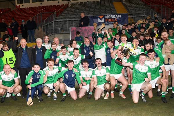 Newry Shamrocks celebrate winning the Charlie Keown cup.