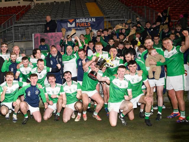 Newry Shamrocks celebrate winning the Charlie Keown cup.